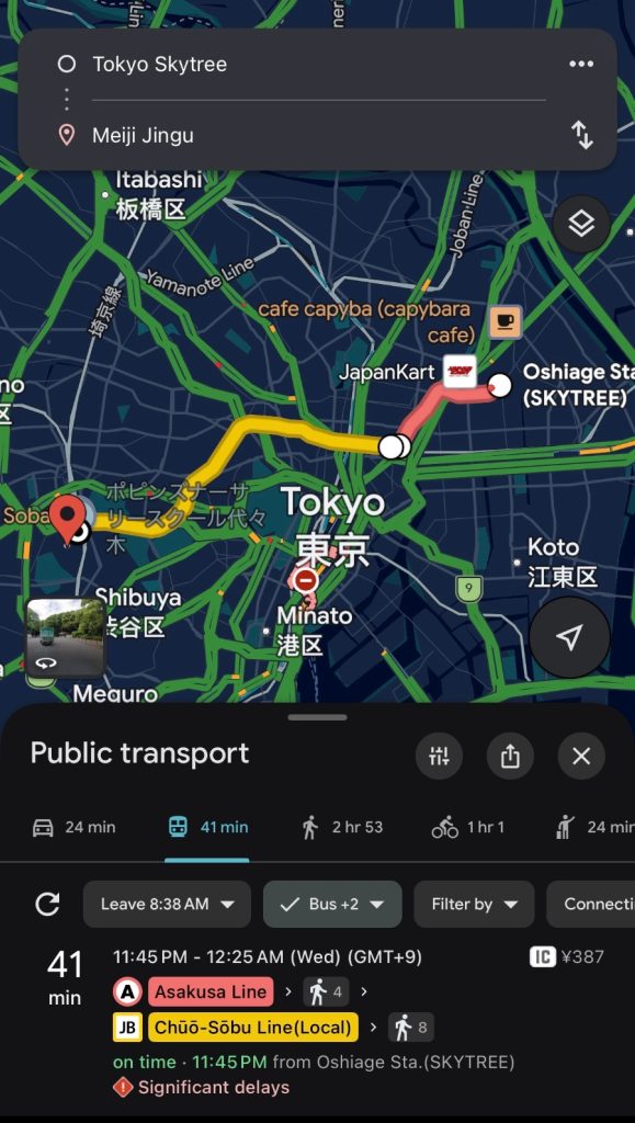 Screenshot of Google Maps directions for Tokyo featured in a blog about Japan travel mistakes