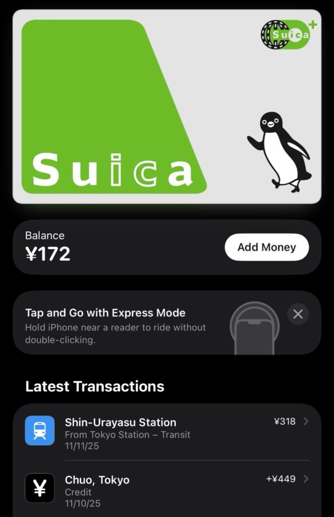 Screenshot of Suica Card on mobile wallet featured in a blog about Japan travel mistakes.